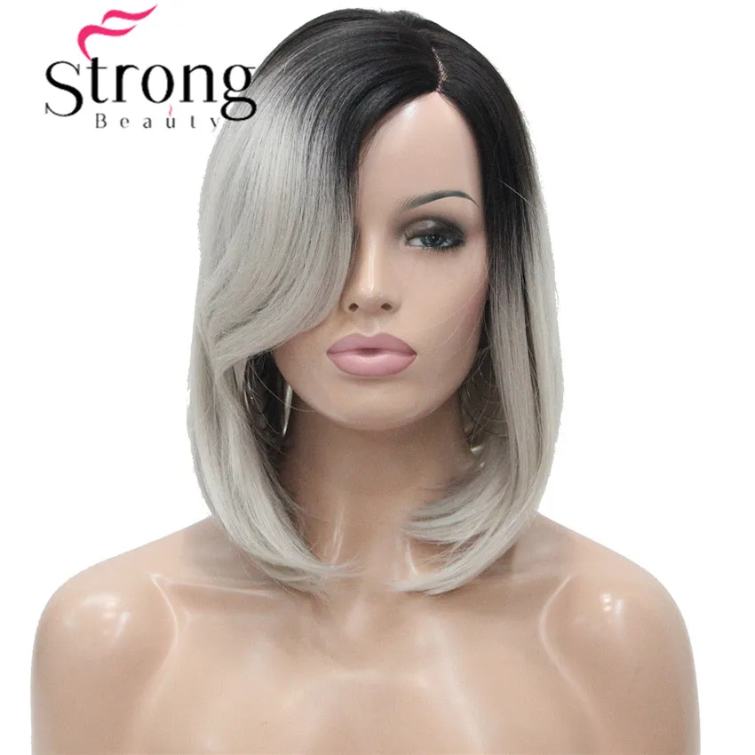 

StrongBeauty Bob Lace Wig Ombre Gray Black Root Hand tied Invisible L Part Wig Synthetic Straight Wigs COLOUR CHOICES