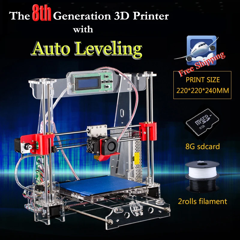 Auto Leveling Prusa I3 3D Printer DIY Kit 8th Generation P802MA Big print size 220*220*240mm + 2 rolls Filament