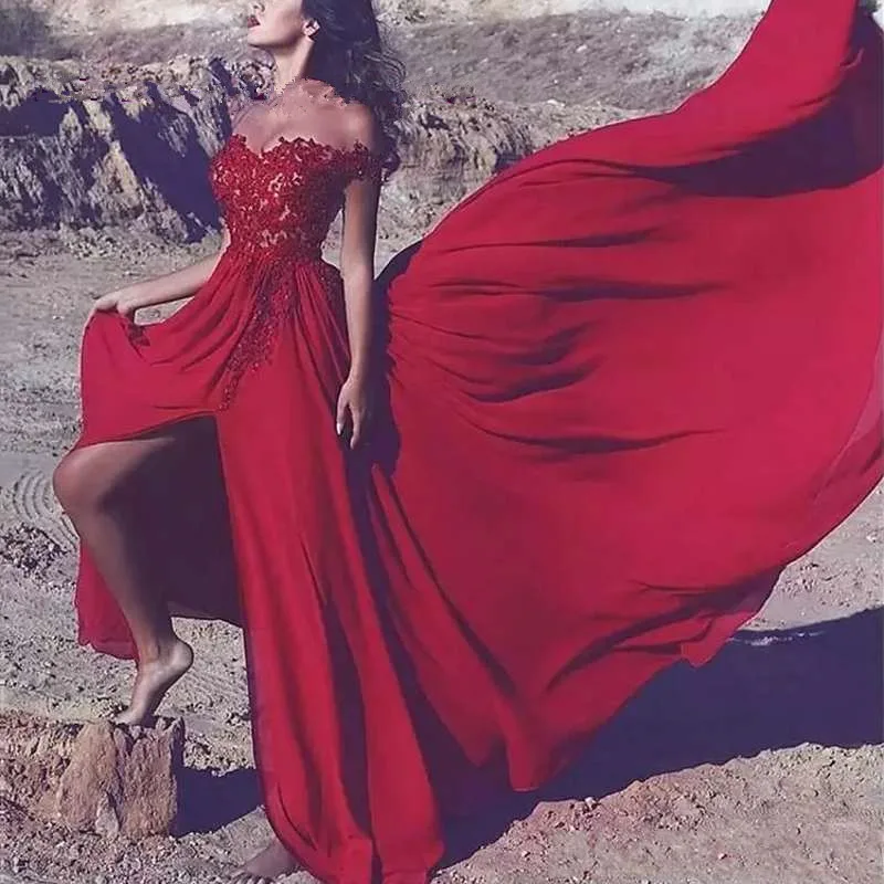 

Verngo Burgundy Lace Appliques Formal Evening Gowns Sexy Split side A Line Prom Dress Off The Shoulder