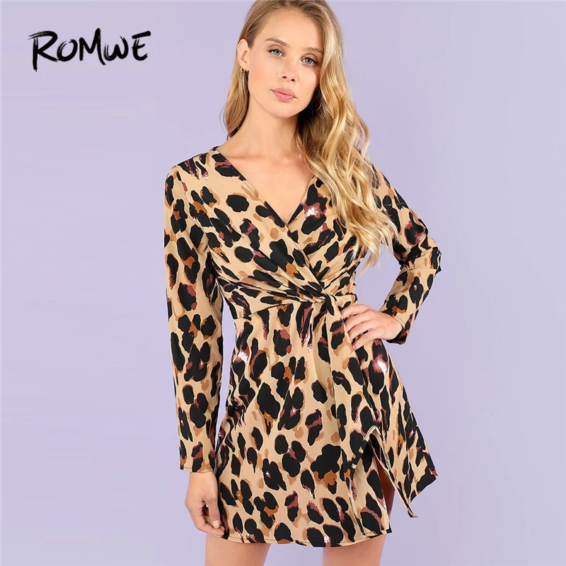 

ROMWE Deep V-Neck Twist Leopard Print Sexy Dresses Party Night Club Dress Autumn Spring Womens Clothing Long Sleeve Dress