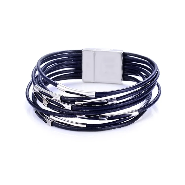 Тренд ccb труба разделитель многослойный многоцветный geniune кожаный шнур Магнитная застежка обертывание браслеты для женщин и мужчин - Окраска металла: navy blue