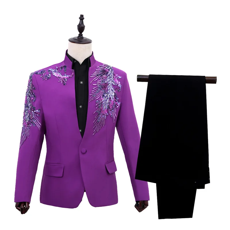 

Men Play Suit Collar Stage Suits Sequins Menual Cost PerforMence Two-piece Suit Red Purple Blue Mens Suit