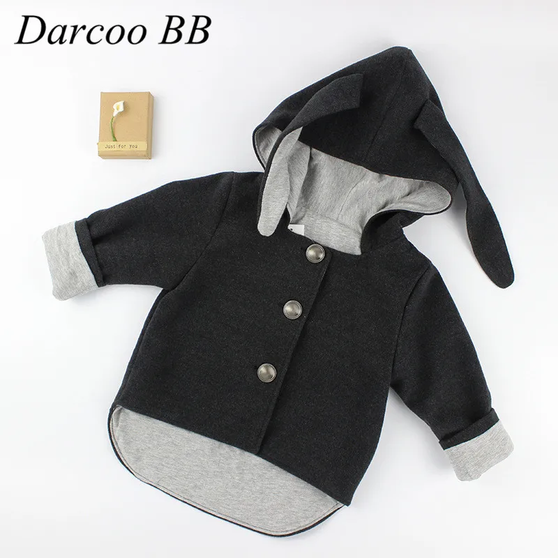 

Winter Spring Baby Boys Girls Coats Warm Woollen Overcoat Kids Rabbit Ear Style Jacket Children Outerwear Dark Gray Color
