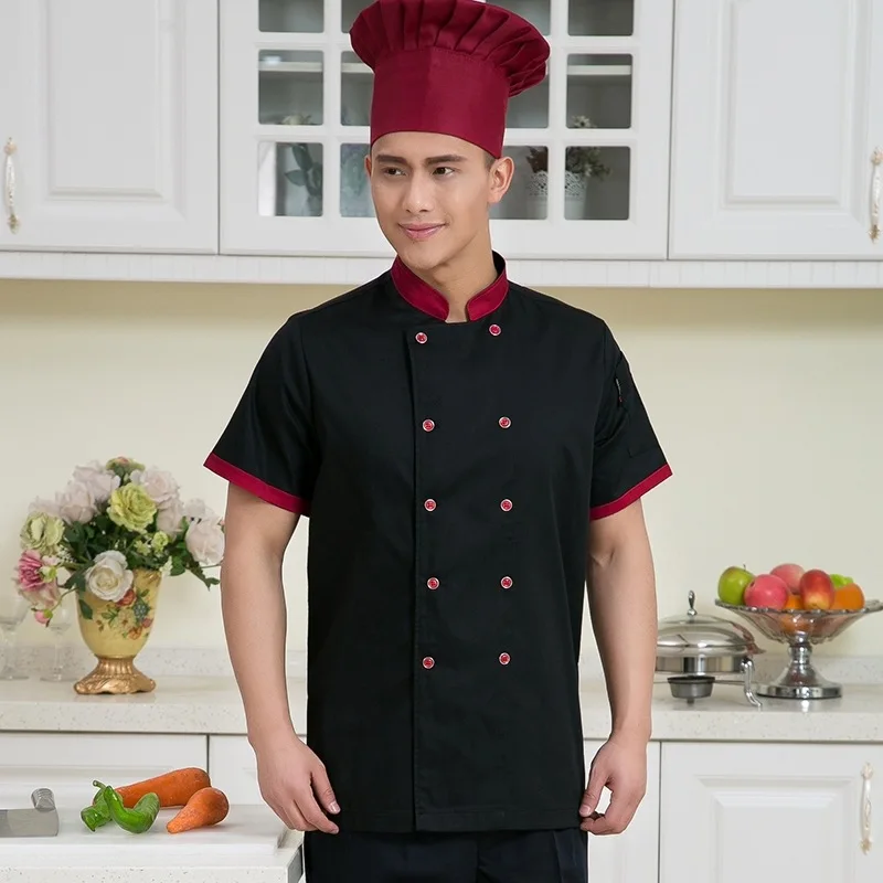 Algodón Blanco/Negro Uniforme de Chef Hombre Chaqueta de Chef de Hotel Cocina Uniforme Corta Ropa de Cocina para Restaurante de Cocina 