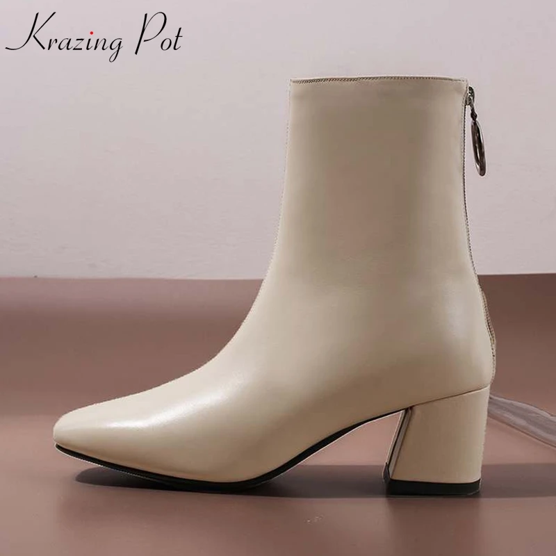 

Krazing Pot cow leather high heels square toe zipper decoration solid European design big size oriental mature ankle boots L12