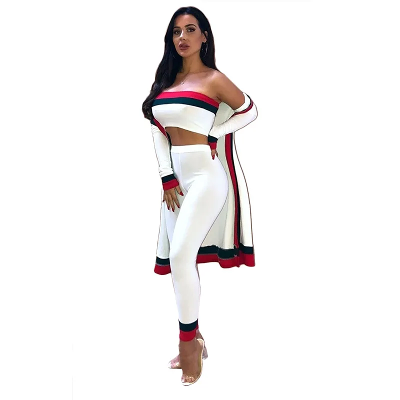 Striped Print 3 Piece Set Jumpsuit Full Sleeve Coat Strapless Crop Top Inside Long Pant Skinny Playsuit Women Outwear Overalls