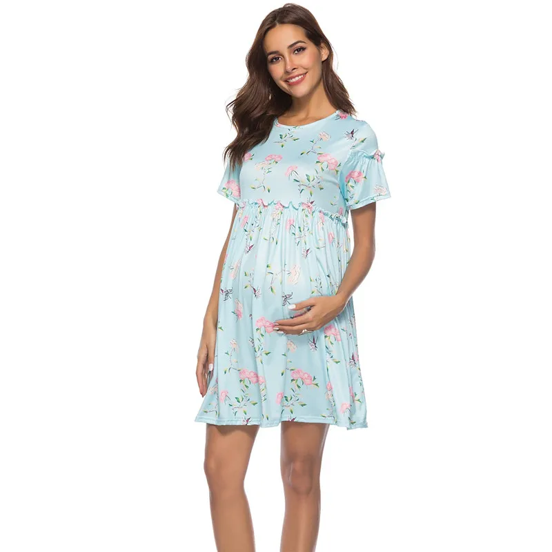 Pregnancy Print Dresses Boat Neck Short Horn Sleeve Maternity Clothings Summer Dress for Pregnant Women Pregnancy Print Dresses Boat Neck Short Horn Sleeve Maternity Clothings Summer Dress for Pregnant Women