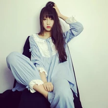 Весенняя Милая свободная синяя белая женская пижама, комплект с верхом с длинными рукавами Повседневная одежда для сна, ночнушка LY002