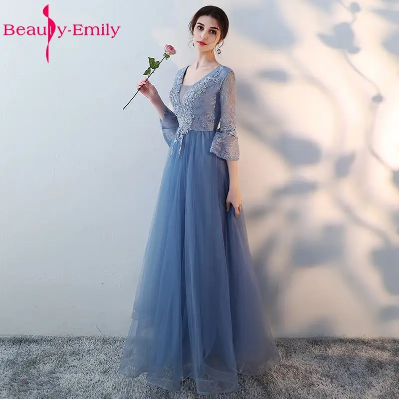 

Beauty Emily Elegant Appliques Blue Bridesmaid Dresse 2018 A line Wedding Party Prom Dresses Vestido De Festa Party Dresses