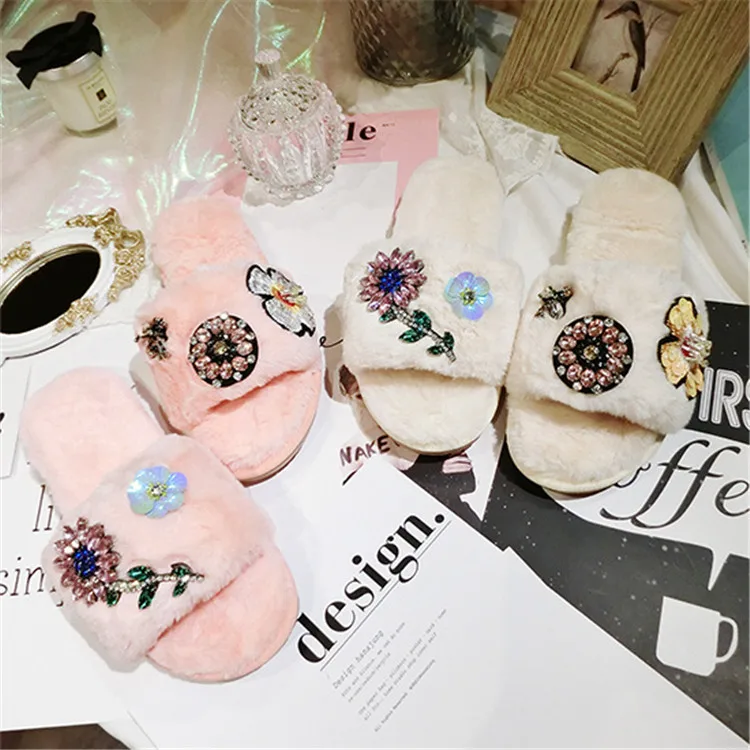 Women Indoor Slippers Shoes Flower Bee Rhinestone White Crystal Shoes Princess Ladies Autumn Winter Warm Plush Slippers M8G15 (19)