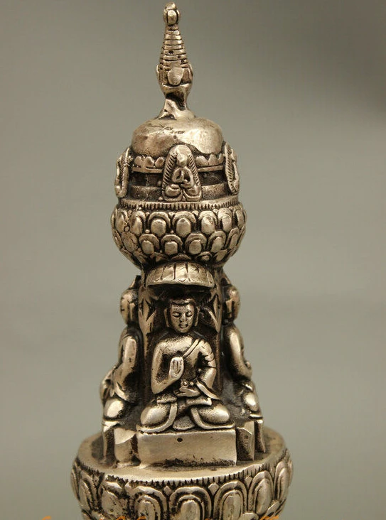 

8" Tibet Buddhism Silver Shakyamuni Buddha Statue Censer Pagoda Stupa Tope Set