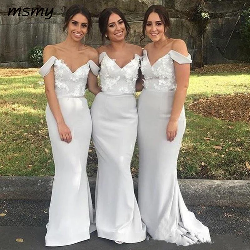 

Light Gray Off Shoulder Bridesmaid Dresses Lace Appliqued Long Garden Country Prom Dresse Wedding Guest Dress Custom Made