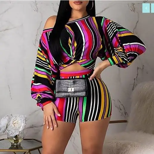 

Women's Sexy Nightclub Party Stripe Long-sleeved Shorts Two-piece. Real Milk Silk Material Is Soft and Breathable