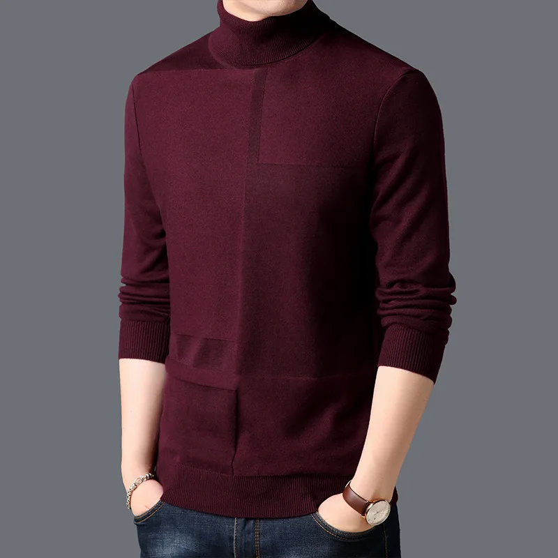 Мужская водолазка свитер осень зима сплошной цвет толстый теплый вязаный свитер Мужская брендовая одежда коричневый винный красный черный серый - Цвет: Fuchsia