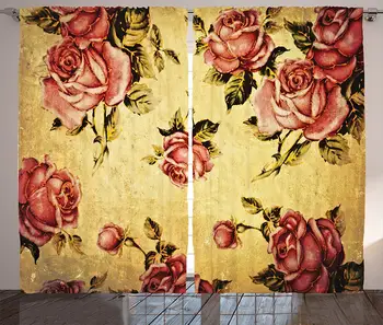 

Roses Decor Curtains 2 Panel Set Old-Fashioned Victorian Style Rose Pattern with Dramatic Color Boho Art Design Living Room