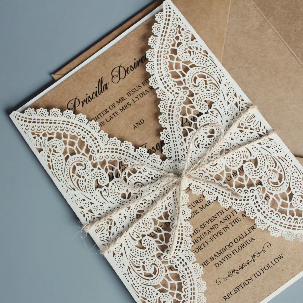  Rustic Wedding Invitations Suite Kraft Paper Invitation Cards Lace Wedding Invite With Envelope - S - 32904787350