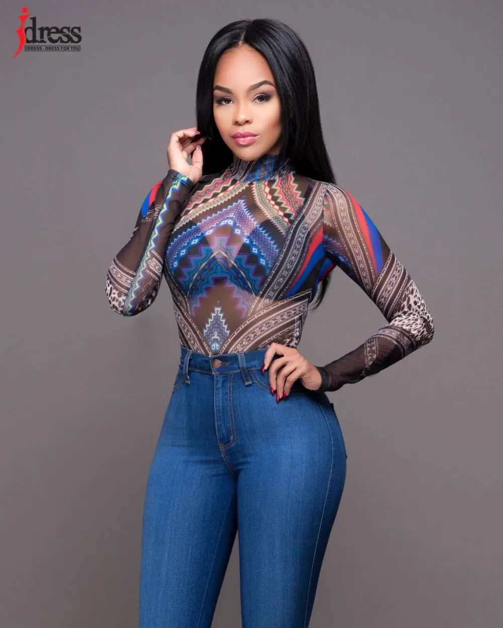 IDress Sexy Club Rompers Overalls for Women Leotard Combinaison Femme Print Autumn Winter Sheer Mesh Long Sleeve Bodysuit Women (2)