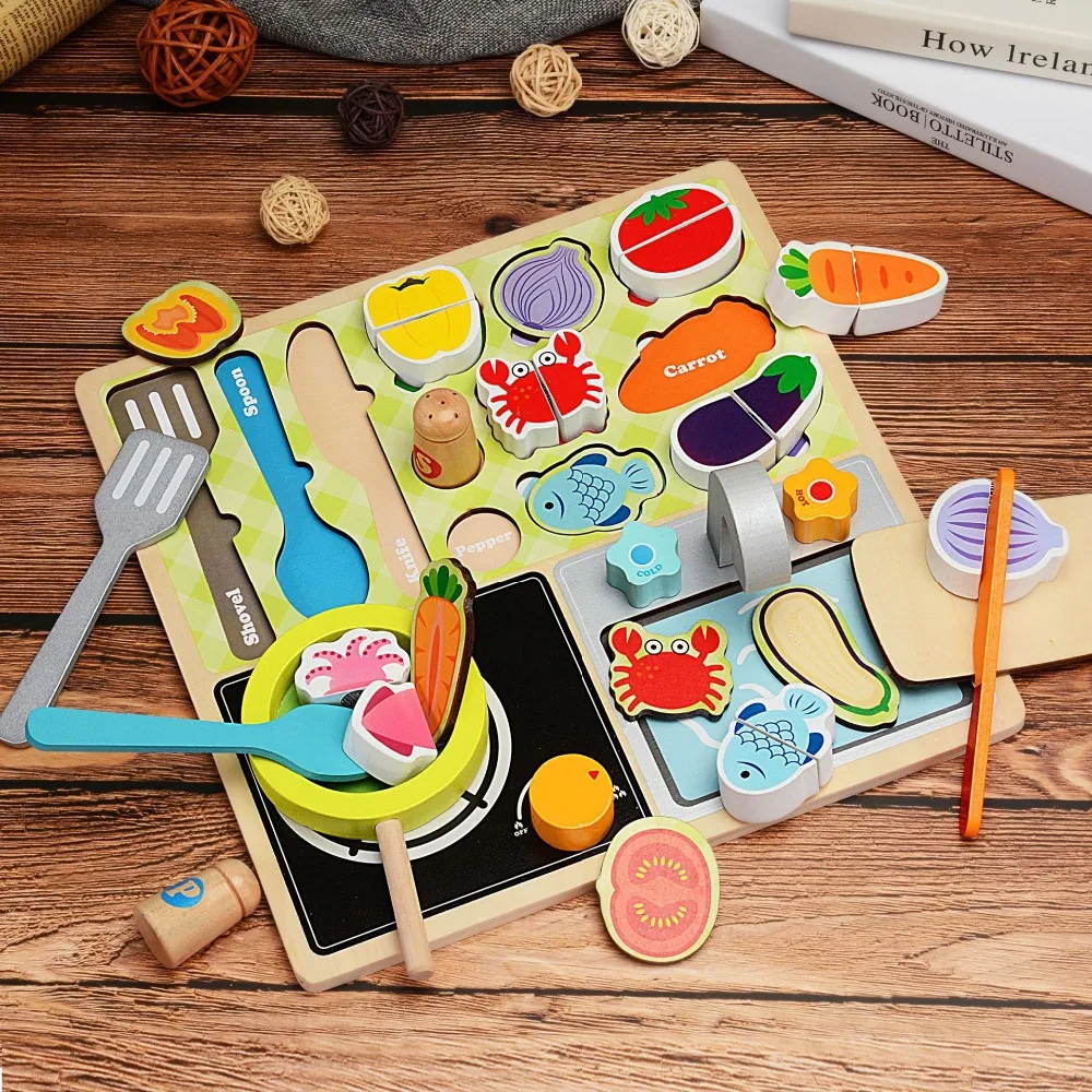 Стиль ролевые игры деревянные кухонные игрушки головоломка резка фрукты овощи животное еда игры игрушки для детей с подарочной коробкой E901
