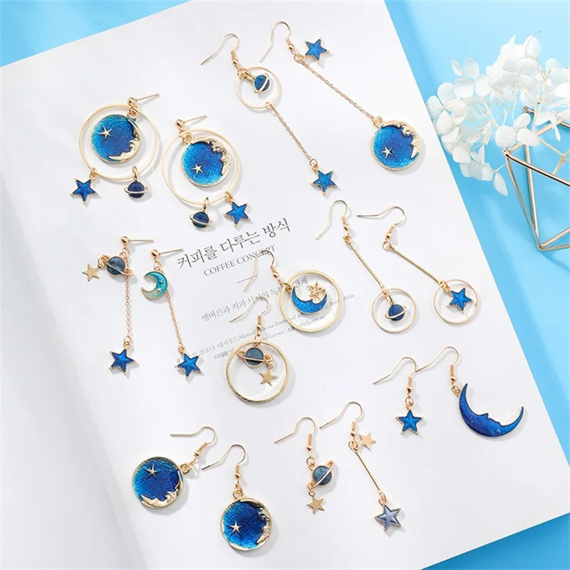 

Korean blue stars moon planet long asymmetric Dangle earrings fashion geometric round ear clip for women jewelry Ear accessories