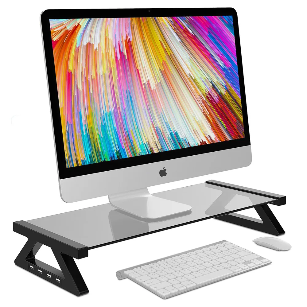 Aluminum Alloy Monitor Stand Space Bar Dock Desk Riser with 4 USB Ports for iMac MacBook Computer Laptop Below 20Inch