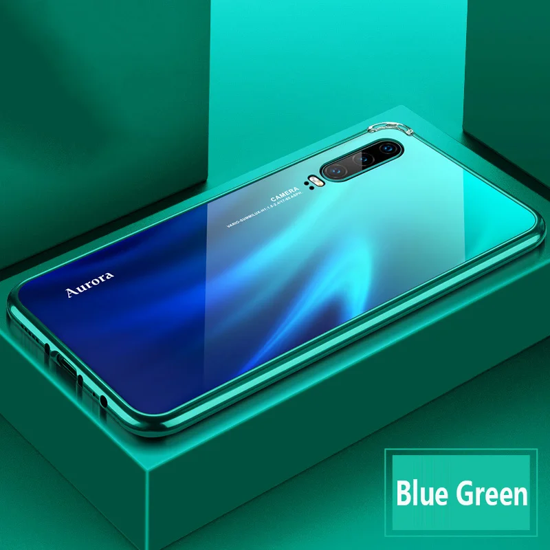 2 в 1 Гибридный чехол для huawei P30 P30Pro чехол металлический бампер противоударный Закаленное стекло Жесткий Чехол для huawei P20 P20Pro P30 оболочка - Цвет: Blue Green