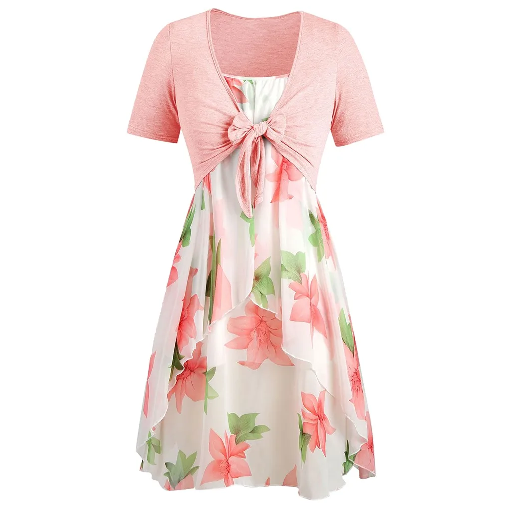 Страуса моды женщин летом прохладно случайные с коротким рукавом размера плюс Топ и цветочные шифон платье печати выше колена платье набор - Цвет: Pink