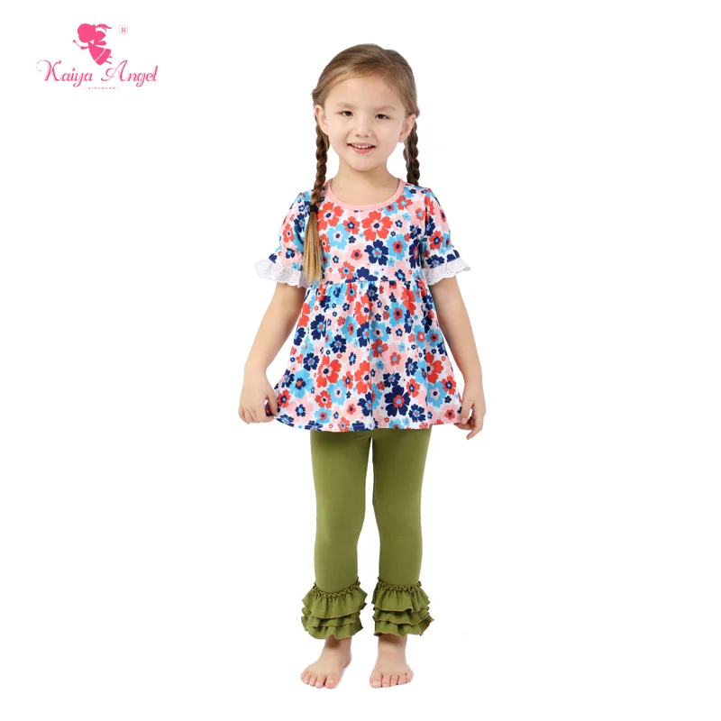US $72.20 Kaiya Angel Girls Fashion Clothes Red Pink Blue Five Flower Shirt Toddler Outfit Kids Suit For Girls Top Ruffled Pants Wholesale