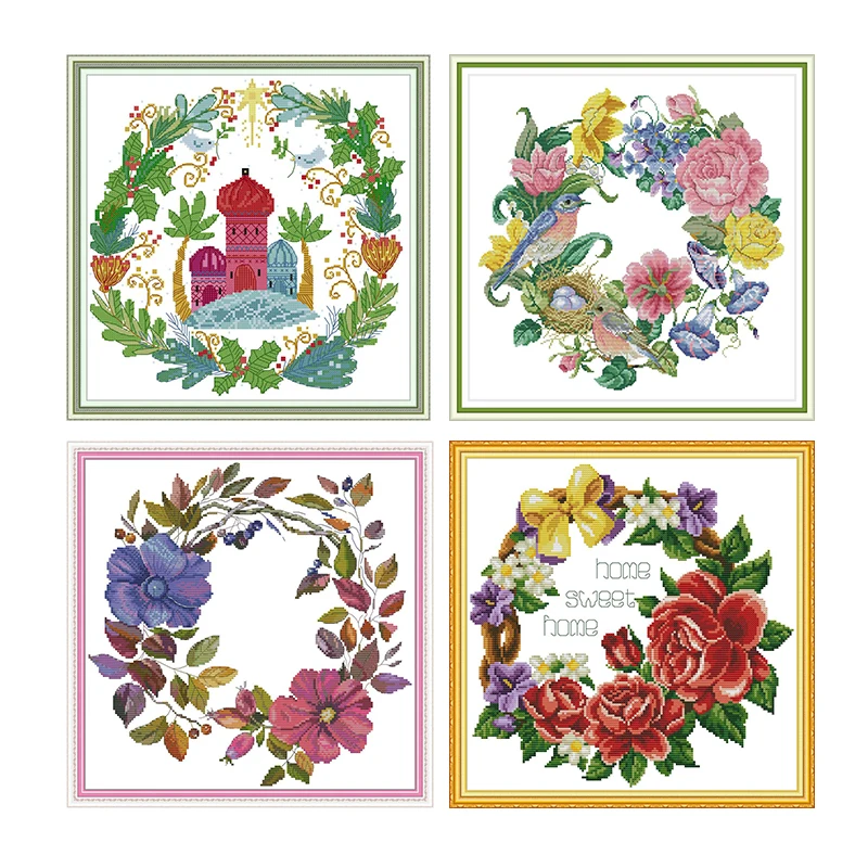

Wreath Series Flower Painting Counted Printed on Fabric DMC 14CT 11CT Cross Stitch kits Embroidery Needlework Wholesale Crafts