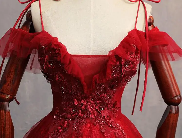 

100%real wine red tie bowknot slash collar ruffled medieval dress queen Renaissance ball gown princess Victorian/Marie