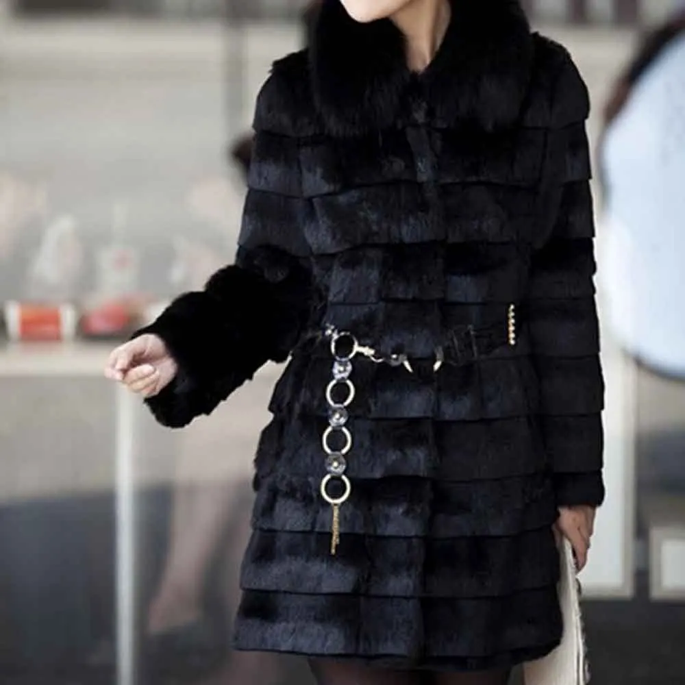 Роскошное длинное пальто с воротником из натурального Лисьего меха, куртка с натуральным кроличьим мехом в полоску, от производителя, ОЕМ мех, TFP963 - Цвет: Black