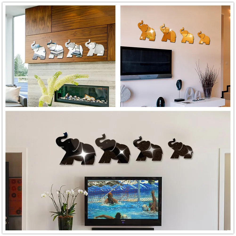 4pc sacrylic mirrored decorative sticker Elephant Mirror Wall Sticker