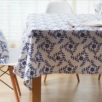 

100% Waterproof Cotton Linen Blue and White Porcelain Printed Rectangle Tablecloths Indoor Outdoor Table Covers for Dining Table