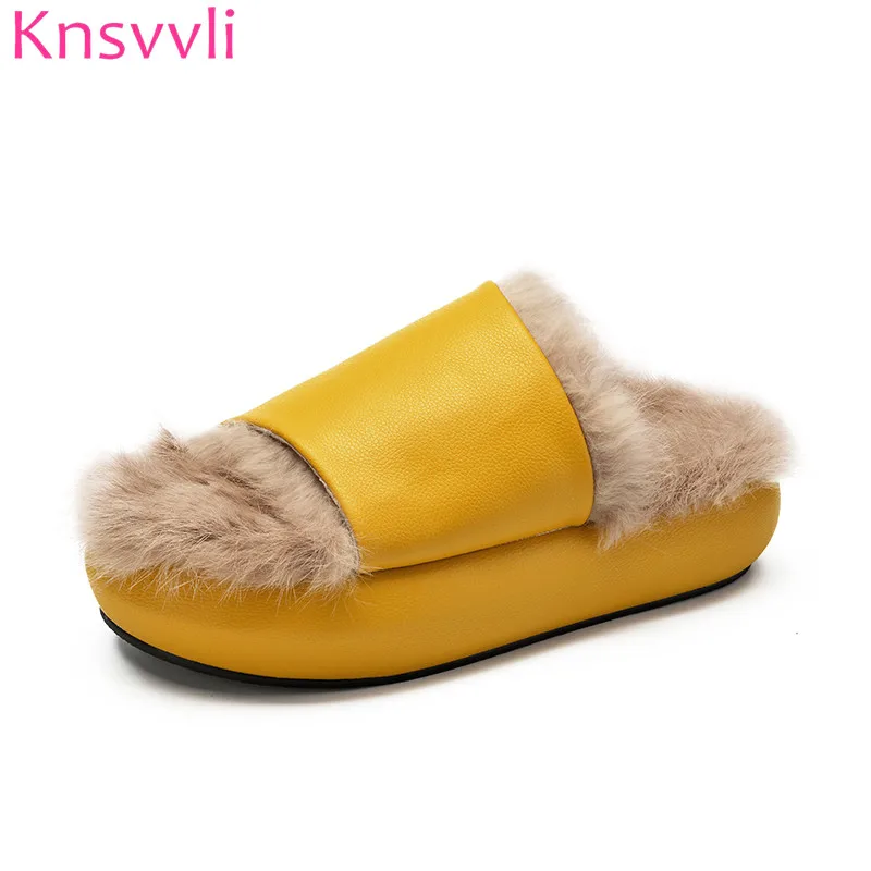 

Furs slippers women winter 2018 new peep toes fashion platform shoes femme rabbit hair white black yellow mules shoes women