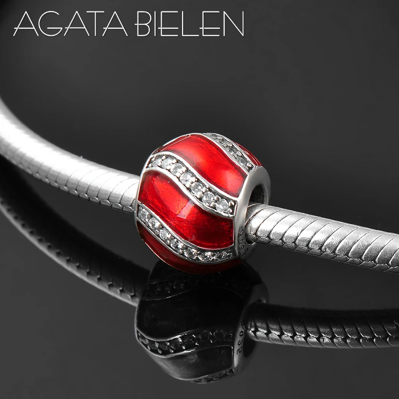

Fashion 925 Sterling Silver red stripe ball shape clear CZ fine charm beads Fit Original Pandora Charm Bracelet Jewelry making