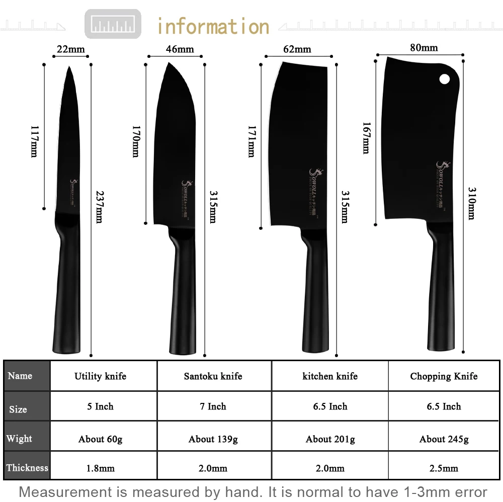 SOWOLL разделочный нож Santoku Nakiri, набор кухонных ножей из нержавеющей стали 3Cr13 с черным лезвием, кухонные принадлежности