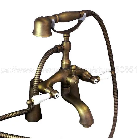 Bathtub Faucets Antique Brass Bathroom Faucet Mixer Tap Deck Mounted Hand Held Shower Head Kit Shower Faucet Sets ztf038