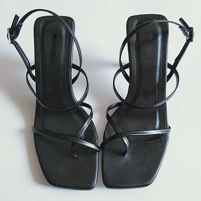 GENSHUO/белые летние босоножки на высоком каблуке; Узкие винтажные босоножки на высоком каблуке с квадратным носком; выразительные вечерние женские босоножки - Цвет: PU Black