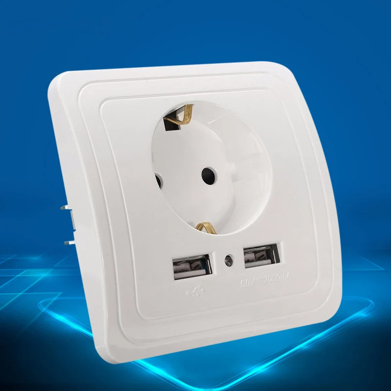 

EU Plug Socket With LED Indicator Dual USB Port Wall Charger Adapter 16A Power Outlet Panel CLH@8