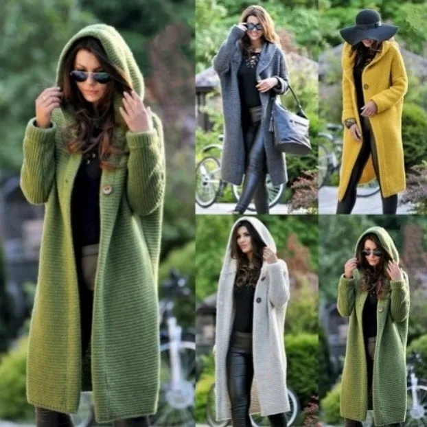 

Style 2018 hot sale autumn and winter hot hooded sheath slim full woman long coat solid knitted open stitch button female coat