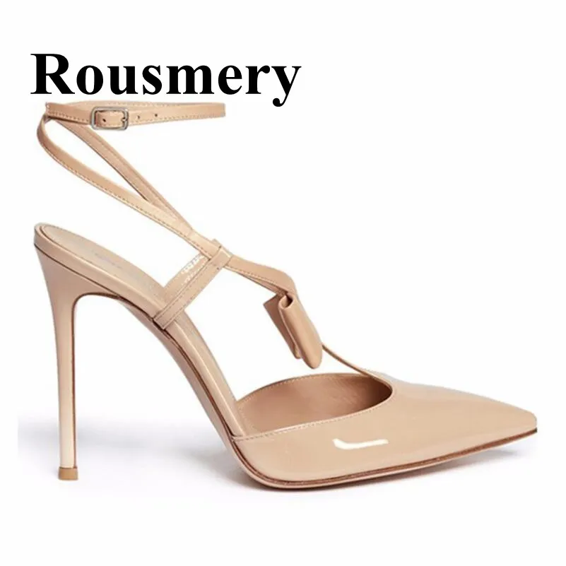 

2018 INS Hottest Summer Fashion Pointed Toe Thin High Heel Cross-tied Butterfly-knot Solid Patent Leather Women Pumps