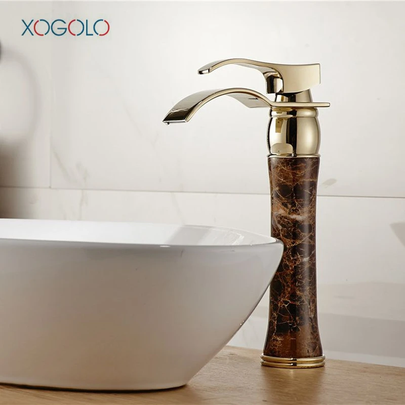 

Xogolo Luxury Gold Long Bathroom Waterfall Faucet Brass With Jade Sink Tap Modern Style Single Handle Basin Mixer