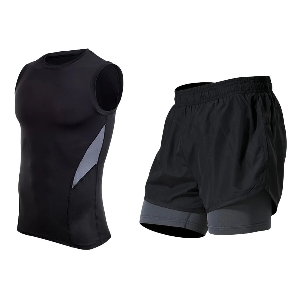 

Mens Fitness Bodybuilding Skin Tight-drying Sleeveless Shirt Tops Pants Suits