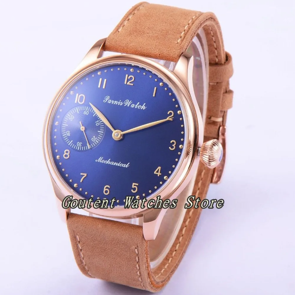 

44mm Parnis Blue Dial Rose Gold Case Mechanical 6497 Seagull Men's Wristwatch