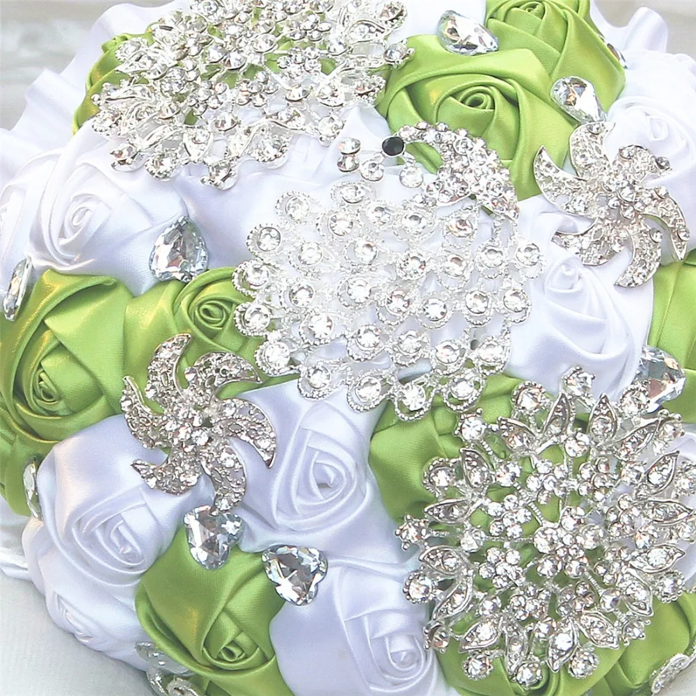 Прочный роскошный Травяной Зеленый Белый Шелковый цветок букет Павлин бриллианты цветок брошь свадебные букеты можно настроить W2797