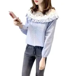 Женская кружевная рубашка в полоску с круглым вырезом, Сексуальная Блузка, большие размеры, свободная посадка, Длинные Блузки с