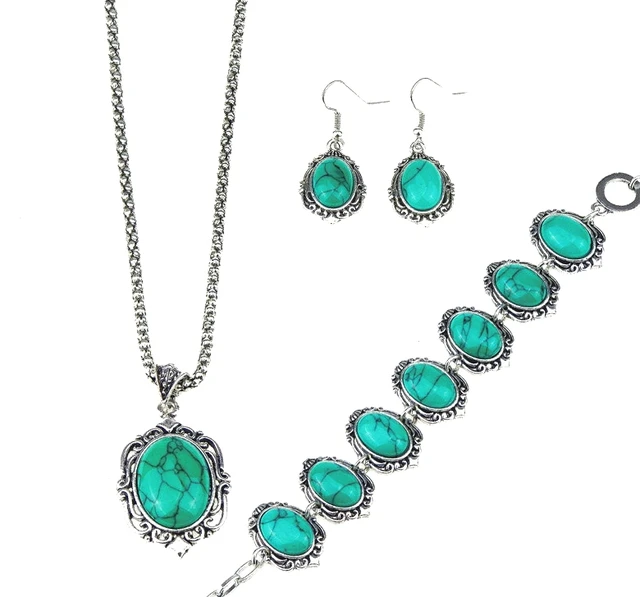 3pcs Set Natural Oval Stone Jewelry Sets Women Pattern Flower Retro 3pcs Set Natural Oval Stone Jewelry Sets Women Pattern Flower Retro Necklace Bracelet And Earrings