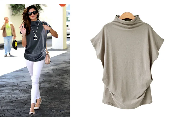 Plus Size 6XL Women Summer T-Shirt Short Batwing Sleeve Loose Solid Gray Turtleneck Tee Shirt New T-Shirts Femme Tees Tops