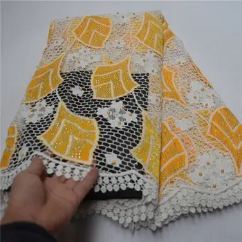 

African Cord Lace Fabric Hot Sell New Arrival African Cord Lace Guipure Lace Fabrics with bead and stone High Quality 5 Yards