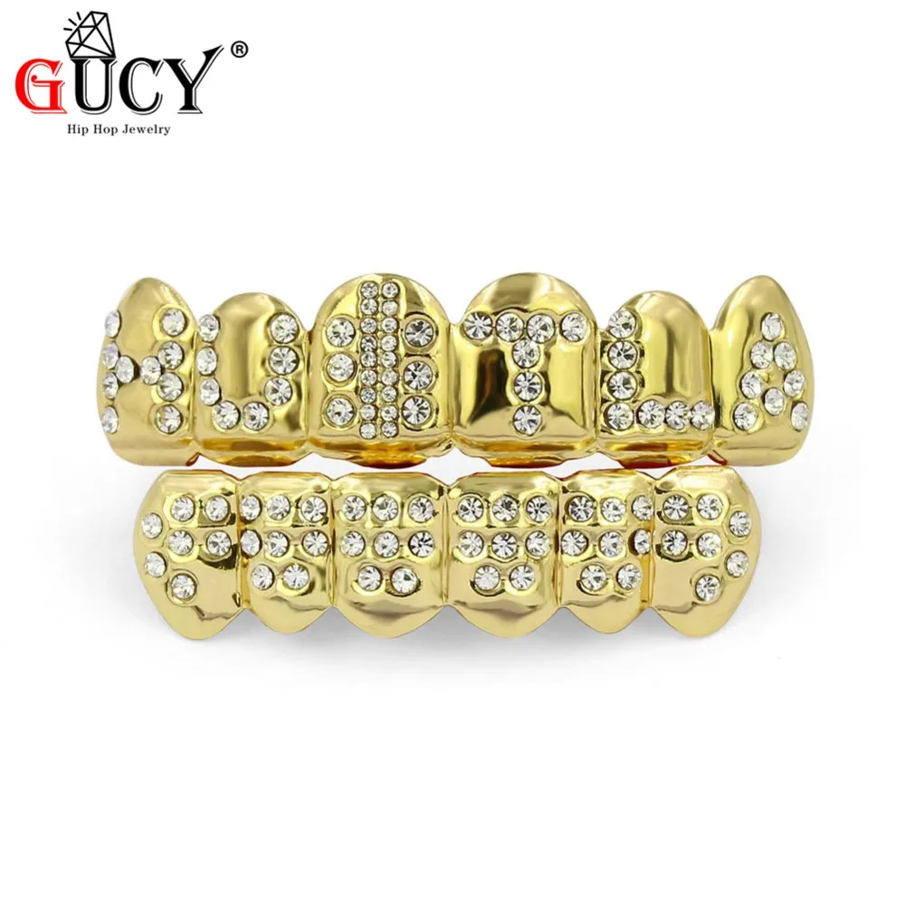 

GUCY Gold Color Plated Iced Out Letter CZ Stone Hip Hop Teeth Mouth GRILLZ Caps Top & Bottom Grills Set Classic Tooth Jewelry
