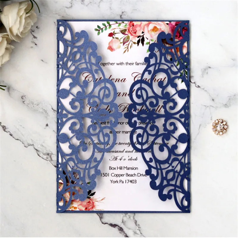Бордовые Пригласительные открытки на день рождения с кружевом и бриллиантами элегантная свадебная открытка поставка индивидуальная печать - Цвет: navy blue